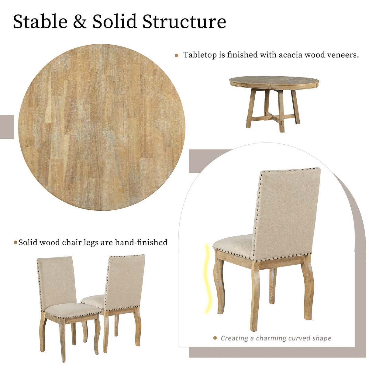 Harper & Bright Designs 5-Piece Farmhouse Dining Table Set Wood Round Extendable Dining Table and 4 Upholstered Dining Chairs (Natural Wood Wash) Harper & Bright Designs