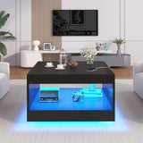Black Coffee Table with Open Storage, Square Wood Coffee Table with LED Lights and Charging Station, Stylish Living Room Table, Modern Center Table for Living Room, Bedroom, Office Gacfiew