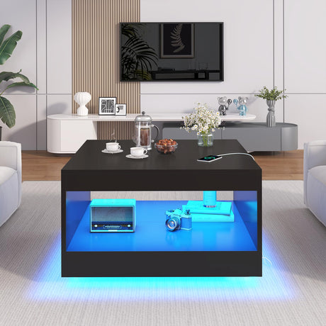 Black Coffee Table with Open Storage, Square Wood Coffee Table with LED Lights and Charging Station, Stylish Living Room Table, Modern Center Table for Living Room, Bedroom, Office Gacfiew