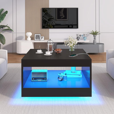 Black Coffee Table with Open Storage, Square Wood Coffee Table with LED Lights and Charging Station, Stylish Living Room Table, Modern Center Table for Living Room, Bedroom, Office
