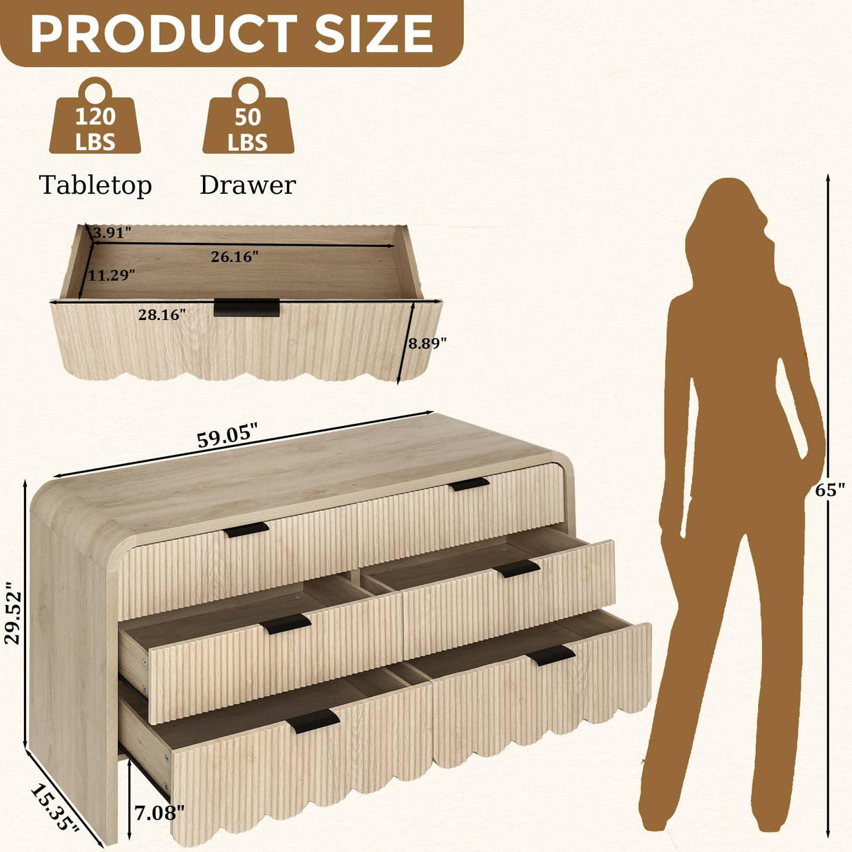 CLLASOU 6 Drawer Dresser for Bedroom, Wood Storage Dresser with Drawers and Metal Handle, Fluted Dressers TV Stand, Modern Closet Chest of Drawers for Bedroom (Beige) CLLASOU