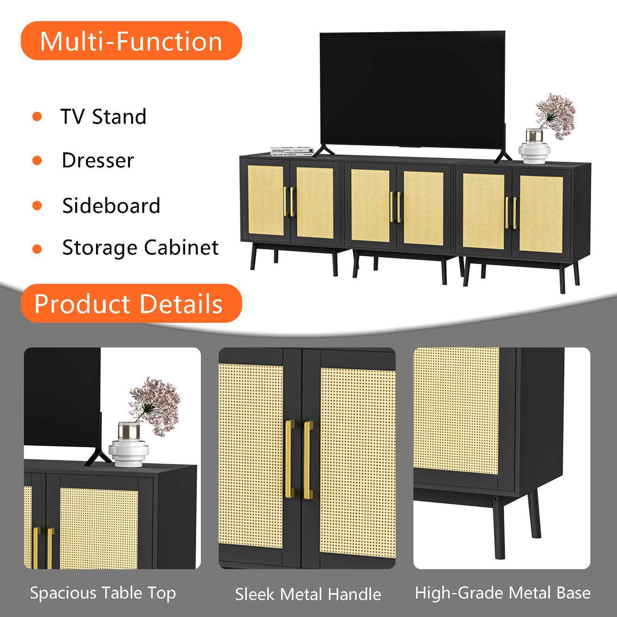 LYNSOM Sideboard Buffet Storage Cabinet, Long Buffet Cabinet with Rattan Decor Doors, Cupboard Console Table, 3 Pieces Wooden Sideboard Cabinet for Hallway, Entry, Living Room, Black LYNSOM