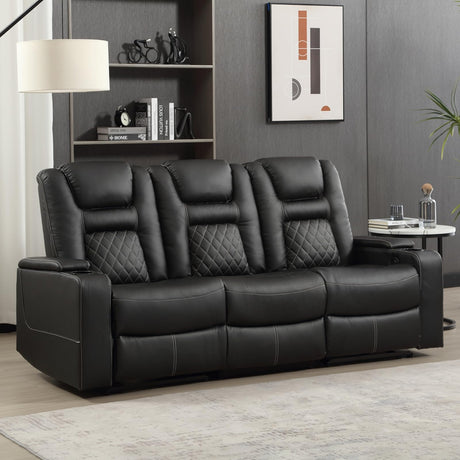 EBELLO Home Theater Seats, Faux Leather Movie 3 Seat Recliner Sofa with Hidden Arm Storage, Power Gaming Reclining Sofa with USB Charge and Cup Holders EBELLO