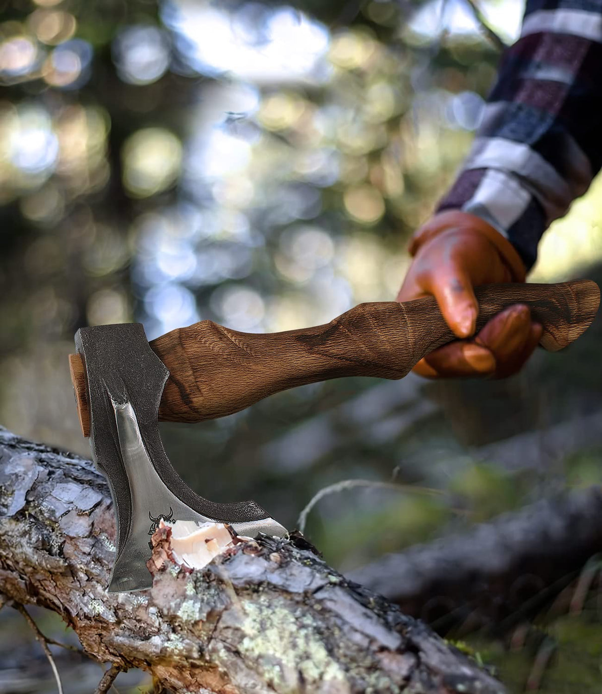 WICING Splitting Axe, 14.8 - inch Camping Hatchet with Leather Sheath, Chopping Axe 1055 High Carbon Steel and Beech Wooden Handle WICING