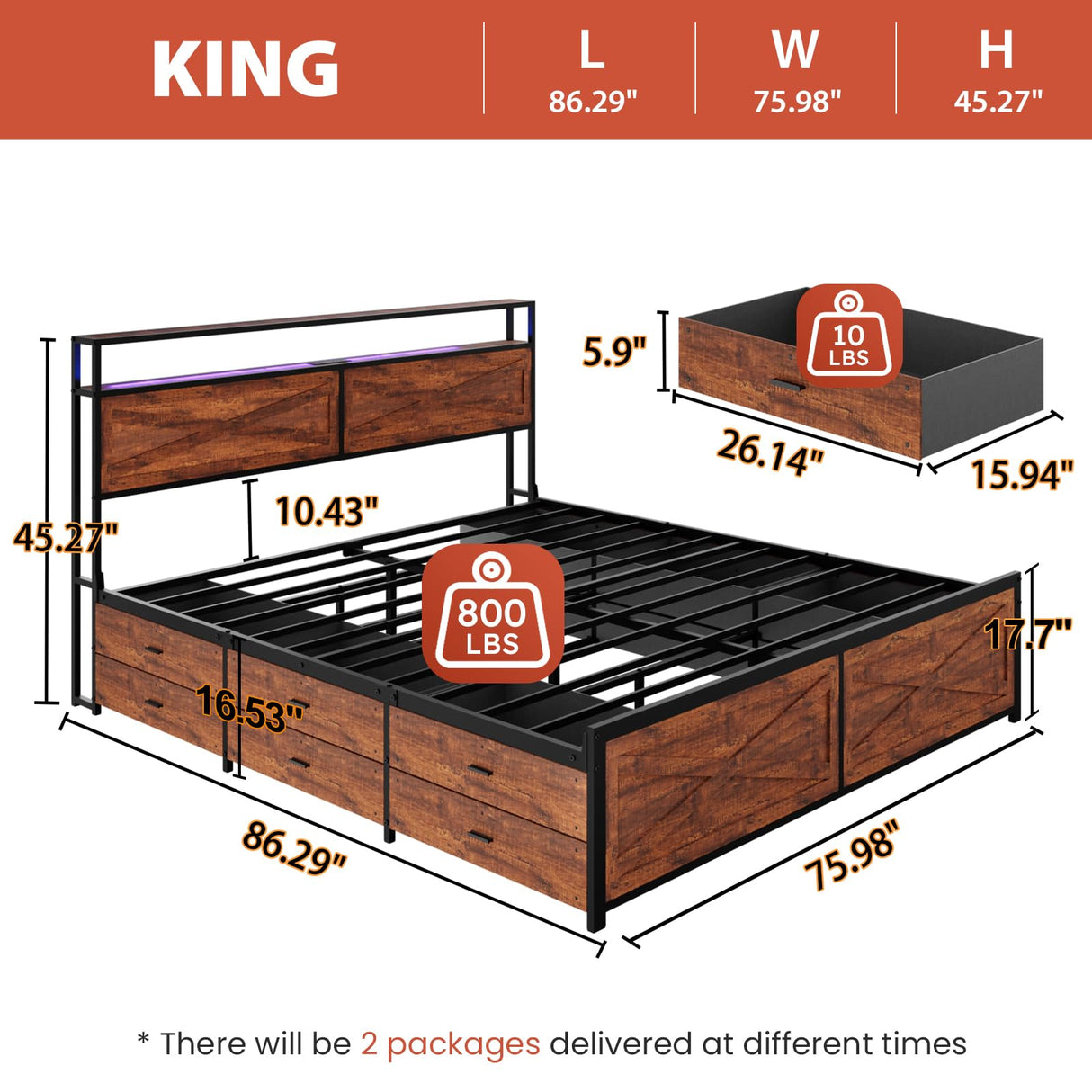 Kiivakii King Size Bed Frame with 12 Storage Drawers, LED Headboard with Charging Station, Metal Bed Frames, No Box Spring Needed, Noise Free, Stable and Solid, Red Brown Kiivakii