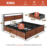 Kiivakii King Size Bed Frame with 12 Storage Drawers, LED Headboard with Charging Station, Metal Bed Frames, No Box Spring Needed, Noise Free, Stable and Solid, Red Brown Kiivakii