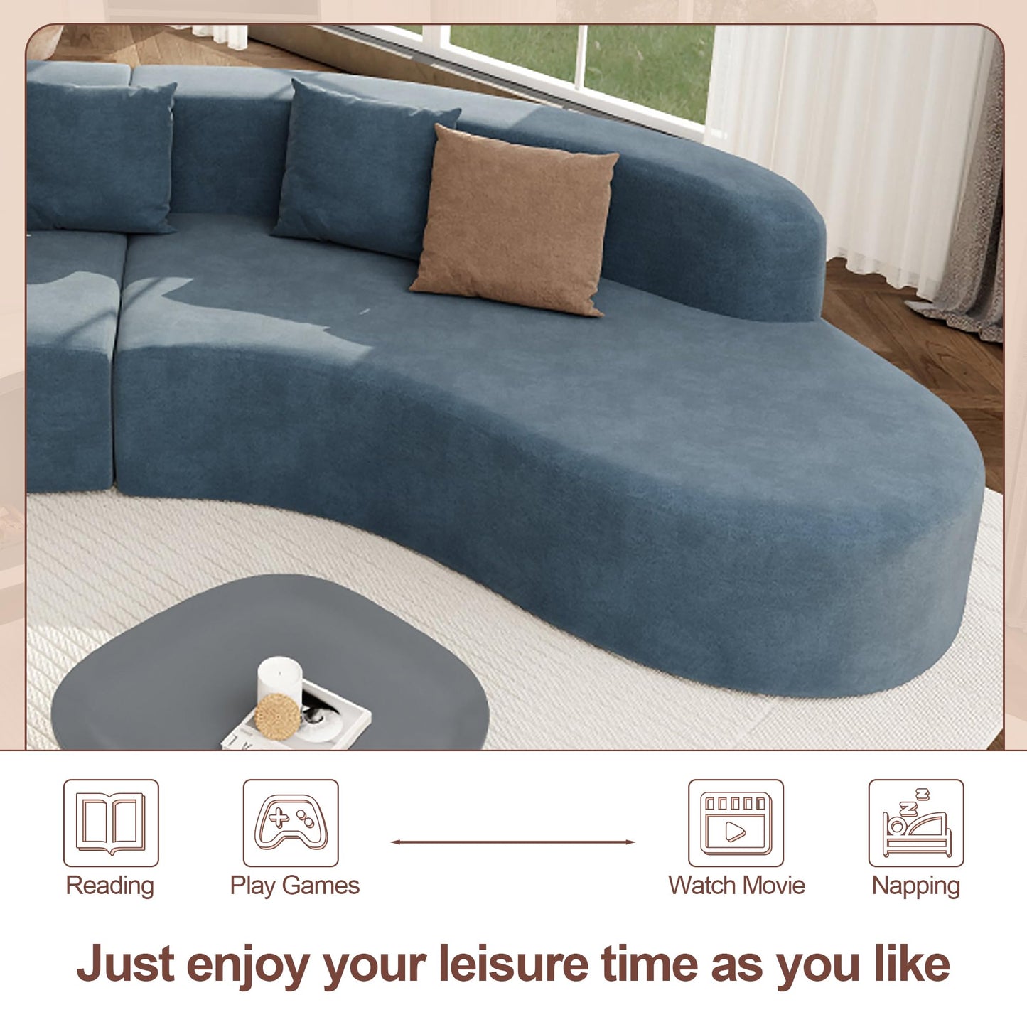 Suheww 125.8" Curved Sectional Sofa, Oversized Curved Sofa Couch Curved Modular Sofa with Chaise Lounge, Curved Cloud Sofa Couch Minimalist Boucle Modular Sofa with 3 Pillows for Living Room(Blue)