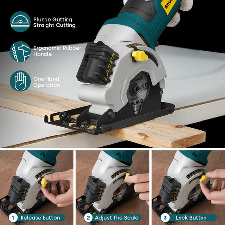 Enventor Mini Circular Saw, 4.8A Electric Circular Saws Corded with Laser Guide, 4000RPM, 3 Saw Blades 3-3/8" Max Cutting Depth 1-1/16", Compact, Power for Wood, Soft Metal, Tile, Plastic Enventor