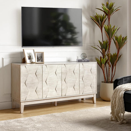 HULALA HOME Mid Century Sideboard Buffet Cabinet with Solid Wood Legs, 60" Kitchen Storage Cabinet Credenza with 4 Doors and 2 Shelves, Accent Console Table, White HULALA HOME