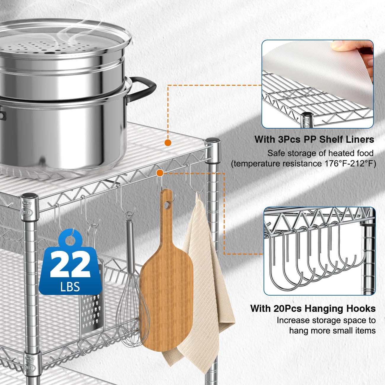 Leteuke 1120LBS Heavy Duty Rolling Utility Cart,3 Tier Rolling Carts with Wheels,NSF Commercial Grade with Handle Bar & Shelf Liners,45"x25"x39"Storage Cart for Kitchen,Restaurant,Plant Display,Chrome