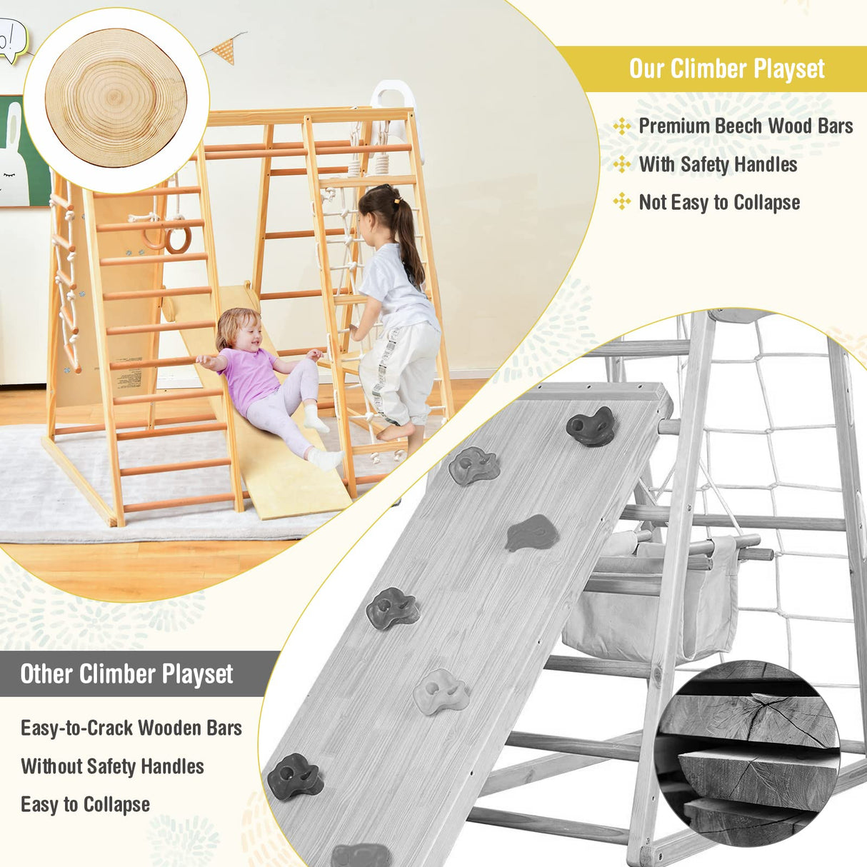 Costzon Indoor Jungle Gym, 8-in-1 Montessori Climbing Toys for Toddlers with Slide, Climbing Rock/Net, Monkey Bars, Indoor Wooden Playground Climber Playset for Kids 3-6 Years Birthday Costzon