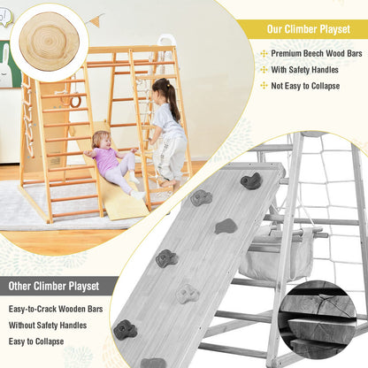 Costzon Indoor Jungle Gym, 8-in-1 Montessori Climbing Toys for Toddlers with Slide, Climbing Rock/Net, Monkey Bars, Indoor Wooden Playground Climber Playset for Kids 3-6 Years Birthday