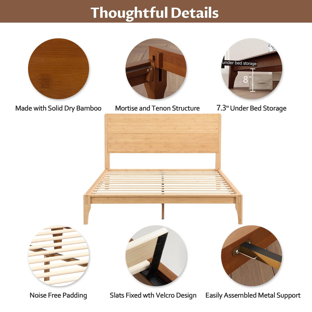 Merax Queen Size Bamboo Platform Bed, Mid-Century Modern Bed Frame with Tall Headboard, Solid Sustainable Bedframe Queen-Size, Wood Slat Support, No Box Spring Needed, Easy Assembly, Natural Merax