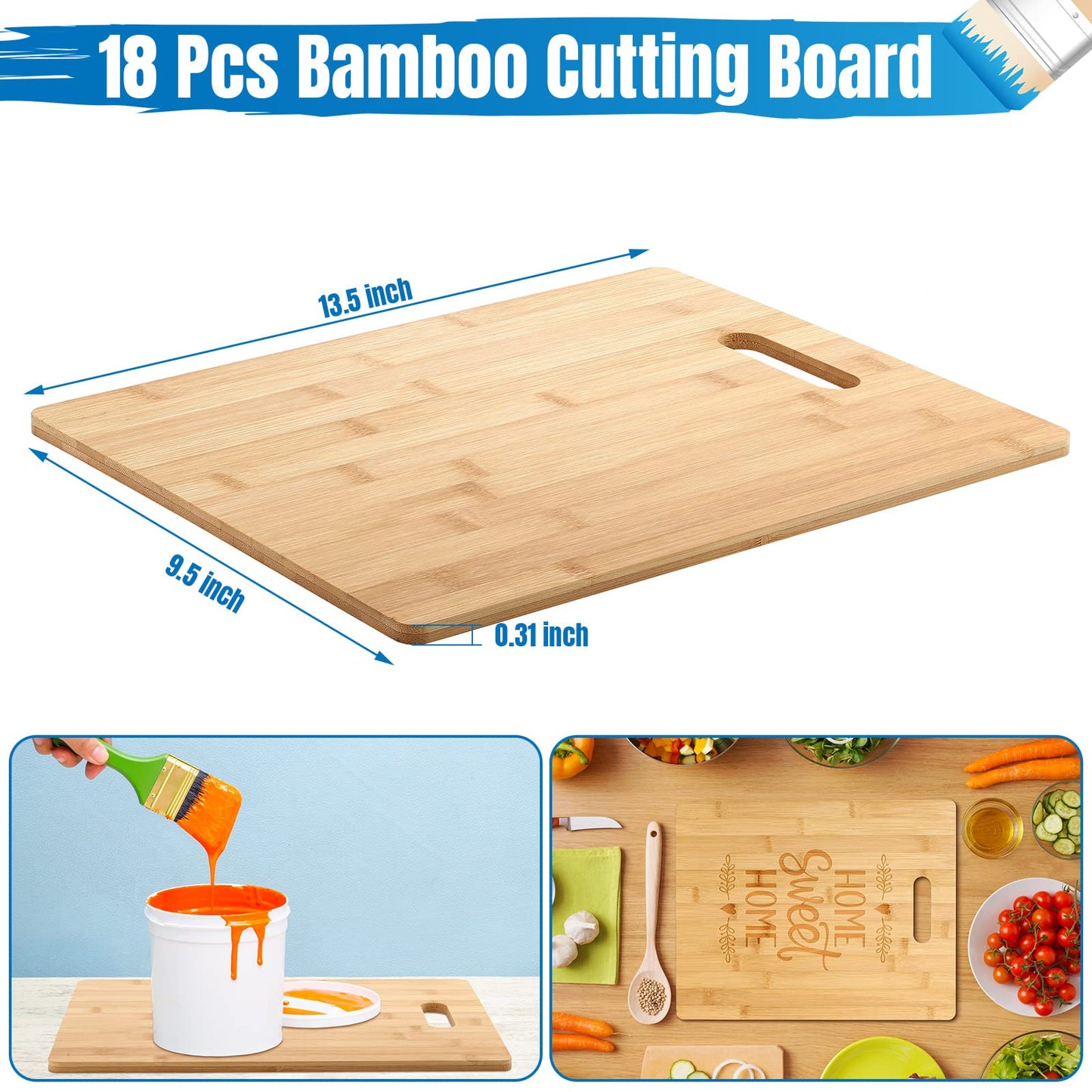 18 Pack Bulk Cutting Board Plain Large Cutting Board Set Chopping Board with Handles Blanks Laser Engraving Cutting Board for Customized, Personalized Engraving Gifts (9.5''x13.5'',Bamboo) - WoodArtSupply