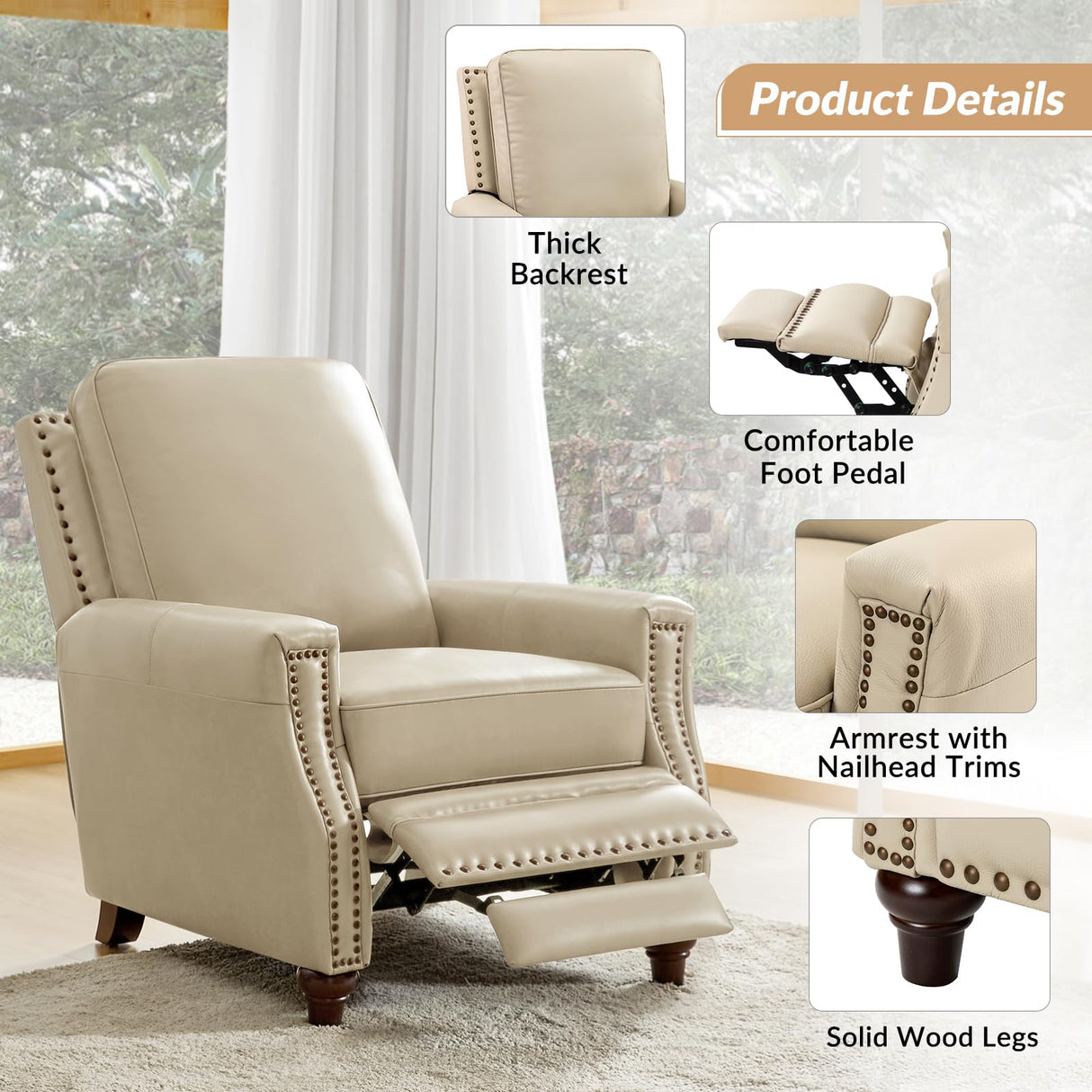 HULALA HOME Genuine Leather Recliner Chair Set of 2, Push Back Recliner Armchair with Thick Seat and Backrest, Comfy Adjustable Home Theater Single Recliner w/Nailhead Decor for Living Room(Beige) HULALA HOME