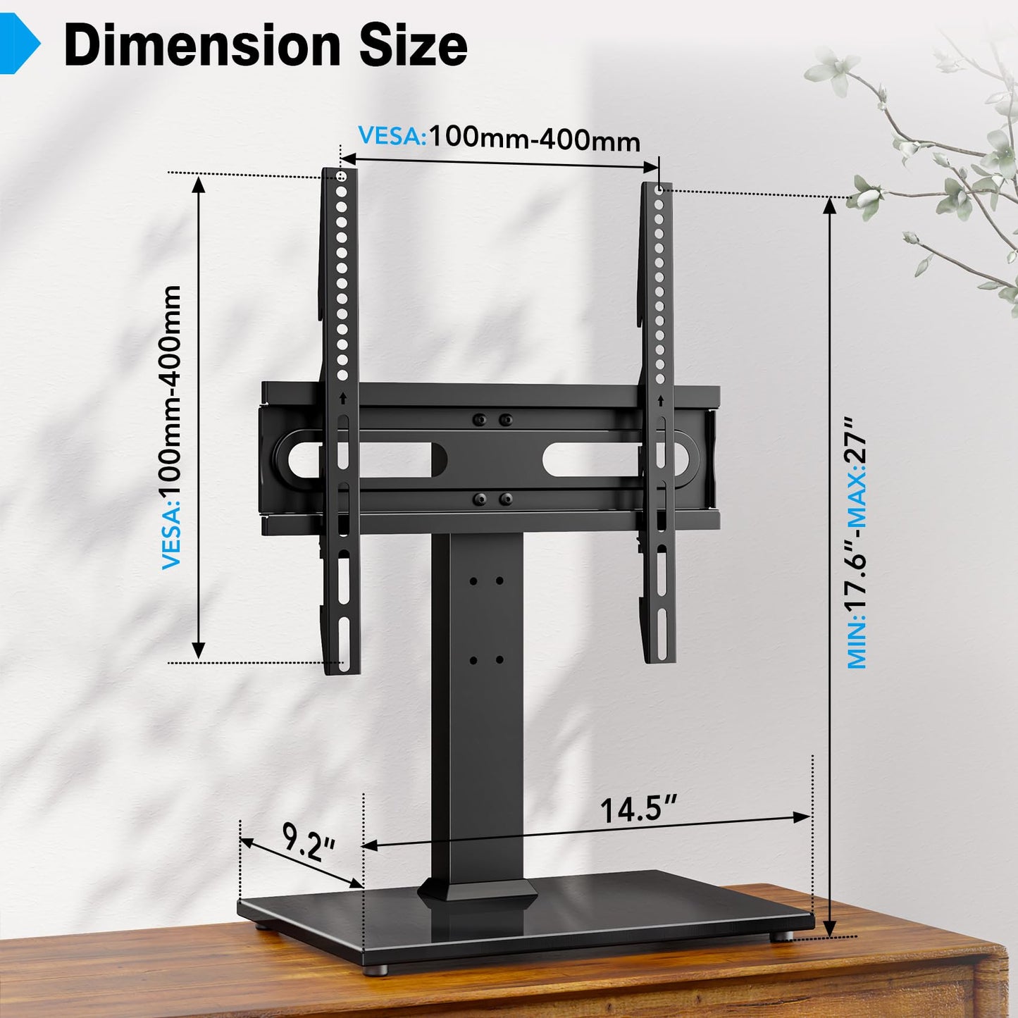 Universal TV Stand - Table Top TV Stand for 27-60 inch LCD LED TVs - 9 Level Height Adjustable TV Base Stand with Tempered Glass Base & Wire Management, VESA 400x400mm