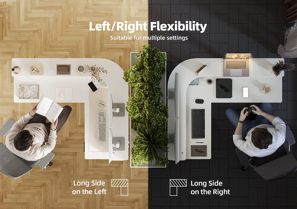 Claiks 63" L Shaped Standing Desk with Drawers and LED Lights, Height Adjustable Electric Corner Standing Desk with Monitor Stand & Power Outlet, 4 Memory Preset, White Claiks