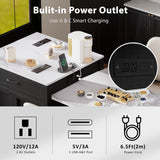 Quarte Modern Kitchen Island with Extendable Dining Table for 4-6 Person,Faux Mable Kitchen Table with Double-Sized Storage,Power Outlet,Storage 2 Drawers 2 Side Open Shelves (Black+Table) Quarte