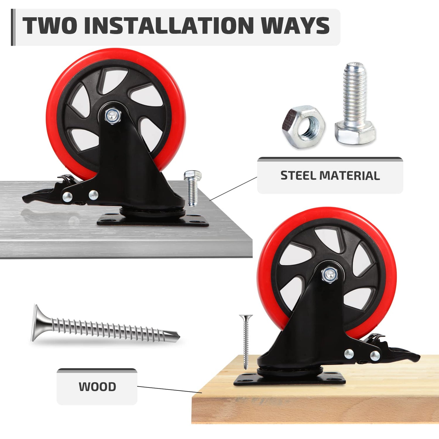 Nefish Swivel Caster Wheel for Cart, 5 Inch Industrial Casters Set of 4 - Heavy Duty Top Plate Casters with Brake 2200 Lbs, 360 Degree Polyurethane Wheels for Cart, Trolleys, Furniture, Equipment Nefish