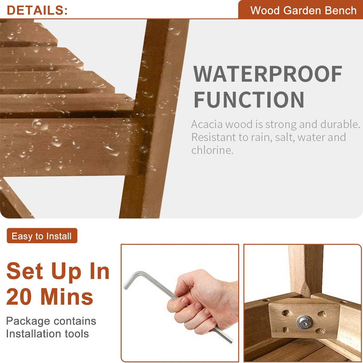 Acacia Wood Outdoor Bench - 705Lbs Capacity for Patio, Porch, and Garden BSTOPHKL