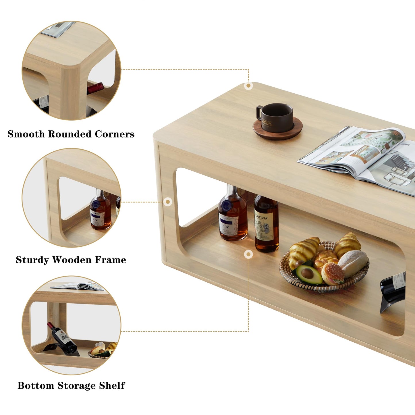 YUCHIATH Coffee Table for Living Room, Farmhouse Coffee Table with 2-Tier Storage, Accent Wood Coffee Table for Living Room (Natural)