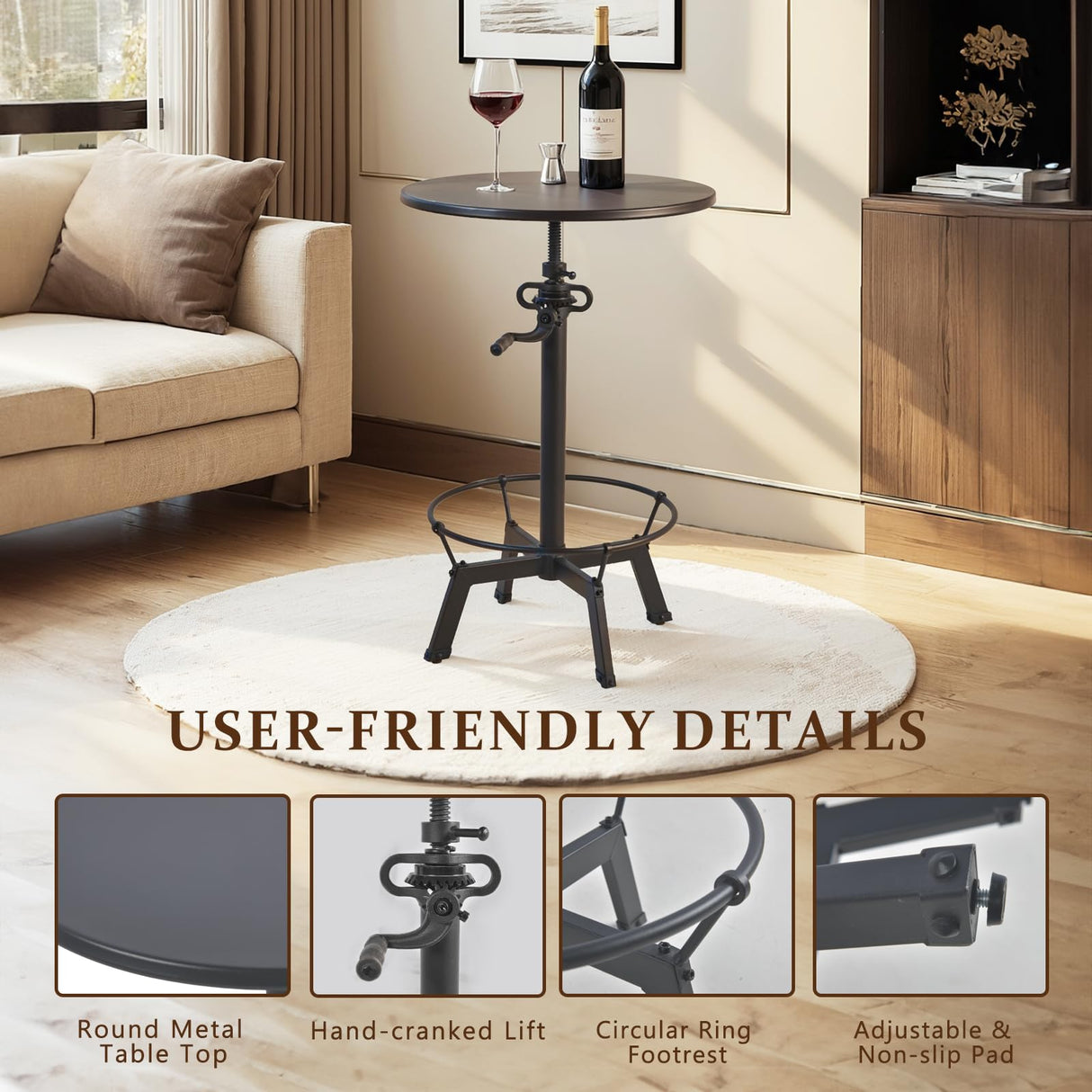 LOKKHAN Industrial Bar Table-33.5-39.4 Inch Tall-Adjustable Bar Height Pub Table-23.7 Inch Swivel Round Metal Top-Easily Adjusts by Crank Handle, Black LOKKHAN