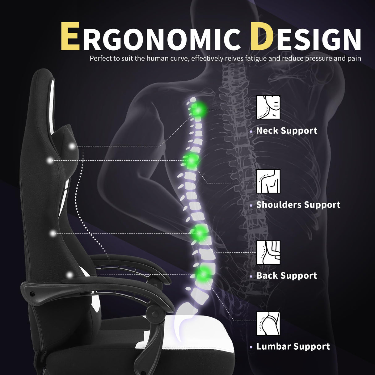 Gaming Chair, Ergonomic Computer Chair with Footrest, Big Tall PC Gamer Chair with Headrest and Massage Lumbar Support, 360° Swivel Height Adjustable Fabric Video Office Chairs for Adults (White) SITMOD