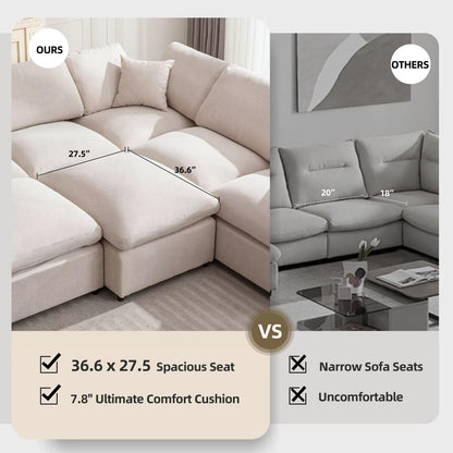 Siiejia Modular Sectional Sofa Modern Oversized Chenille Cloud Couch with Movable Ottoman 7 Seater L-Shaped Sofas Comfy Couches for Living Room Spacious Space Office Lounge, Beige