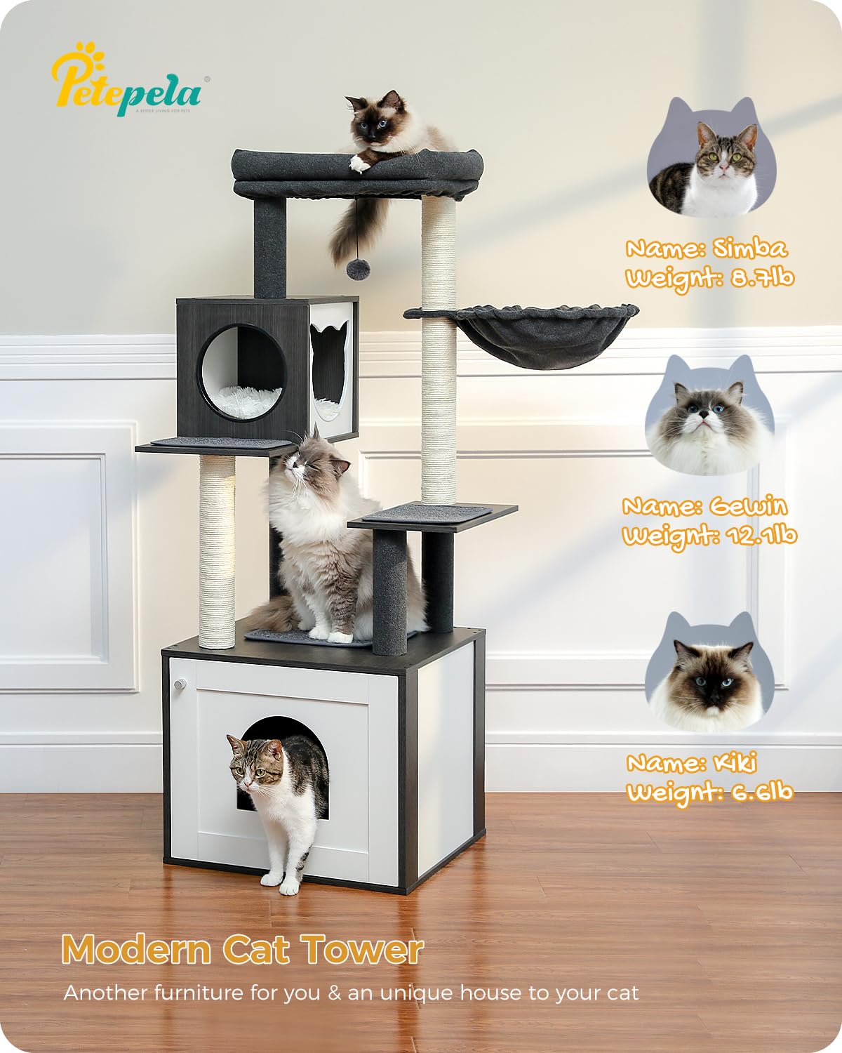 PETEPELA 56.7" Cat Tree with Litter Box Enclosure Large, Wood Cat Tower for Indoor Cats with Storage Cabinet and Cozy Cat Condo, Sisal Covered Scratching Post and Repalcable Dangling Balls, Black PETEPELA