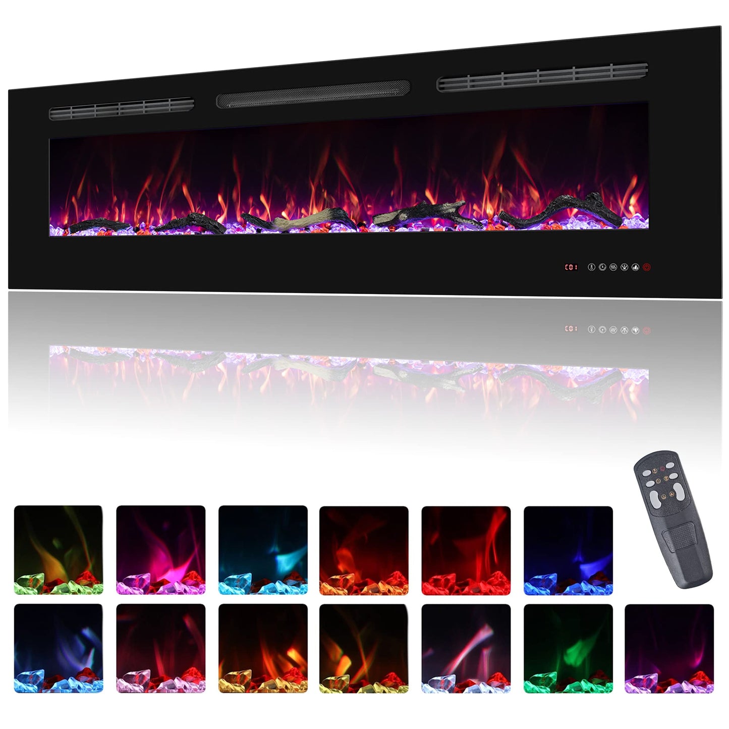 Oxhark Flame Electric Fireplace 60 inch Wide, Wall Mounted Fireplace Inserts Electric Heater, 13 * 13 Flame Effects Like Real Flame, Low Noise, Timer & Thermostat Setting, 750W/1500W, Black