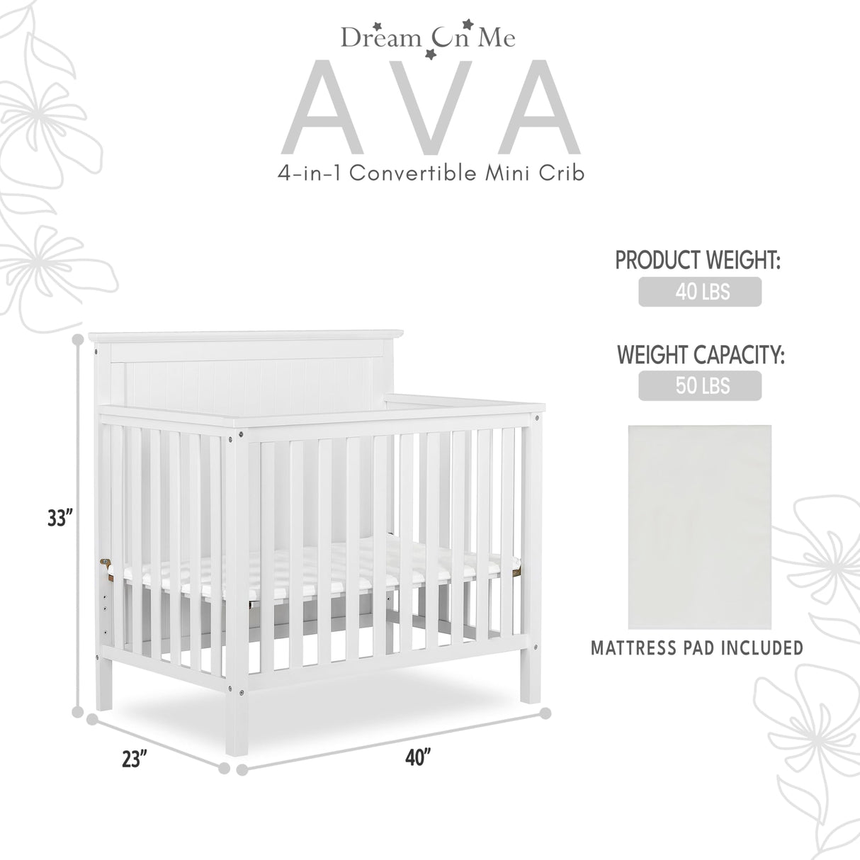 Dream On Me Ava 4-in-1 Convertible Mini Crib in White, Greenguard Gold Certified, Non-Toxic Finish, Comes with 1" Mattress Pad, with 3 Mattress Height Settings Dream On Me
