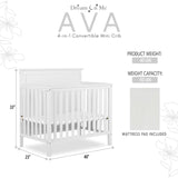 Dream On Me Ava 4-in-1 Convertible Mini Crib in White, Greenguard Gold Certified, Non-Toxic Finish, Comes with 1" Mattress Pad, with 3 Mattress Height Settings Dream On Me
