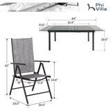 PHI VILLA 9 Piece Outdoor Dining Set, All Weather Furniture Patio Table and Chairs for 8 with Adjustable Lightweight Patio Folding Dining Chairs (Grey) & Extendable Metal Table for Garden, Yard PHI VILLA