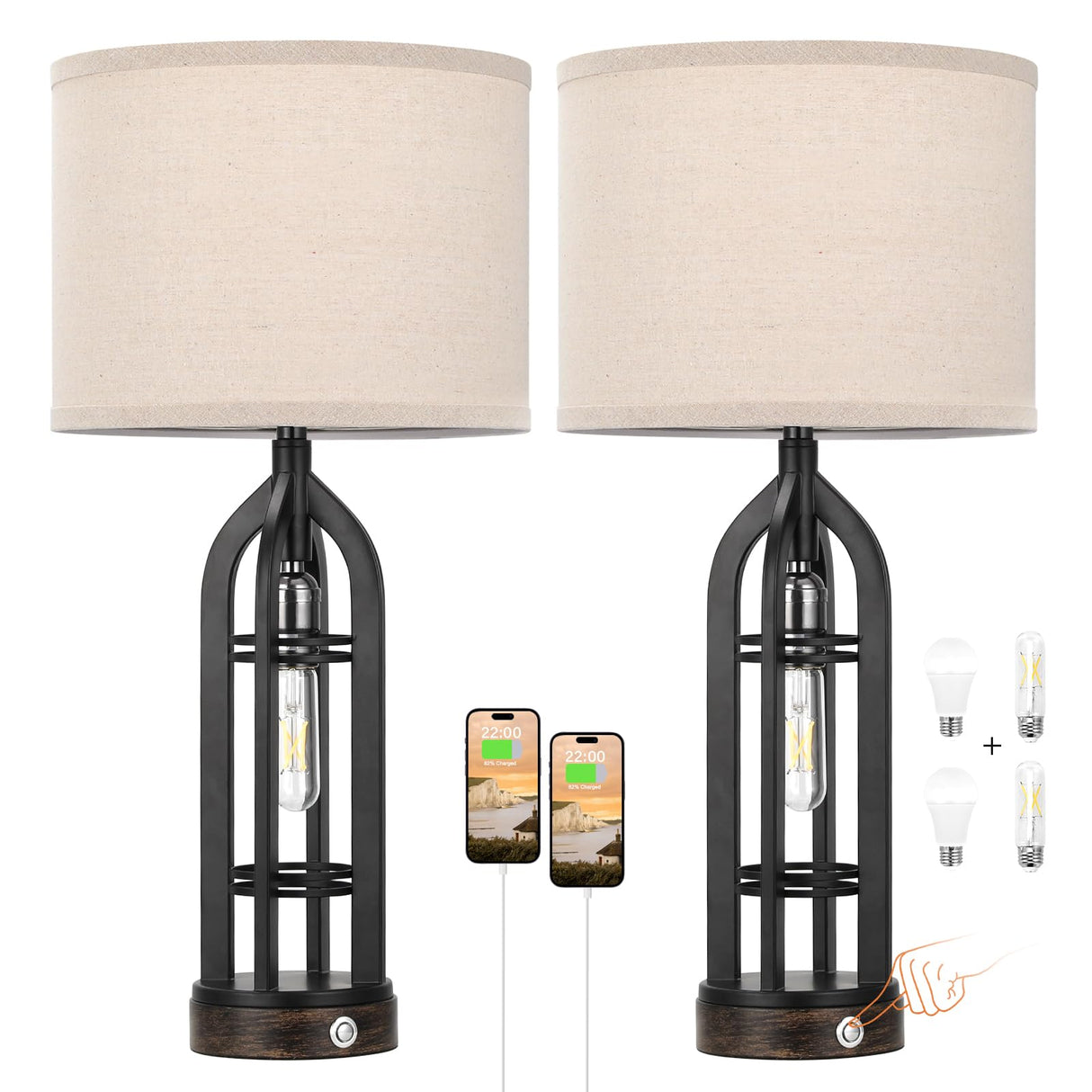 Table Lamp for Living Room - Lamps Set of 2 with USB C+A & Outlet, 3-Way Dimmable Farmhouse Lamps for Night Stands, Rustic Bedside Lamp for End Tables, Industrial Nightstand Lamps for Bedroom Seealle