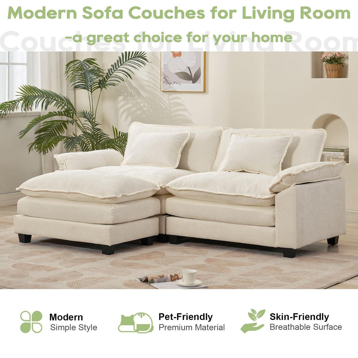 Oprisen 86" Modular Sectional Sofa, Comfy Cloud Couch Sectional Sofa with Ottoman, Chenille Sofa Sleeper Deep Seat Sofa with Throw Pillows for Living Room (Beige White, 86"- L Shape) Oprisen