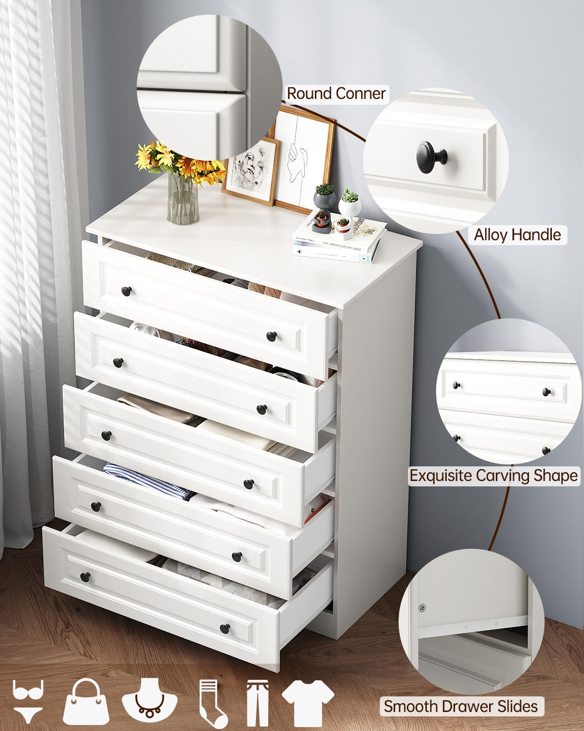 White 5-Drawer Tall Dresser with Wood Top, Modern Storage Tower for Bedroom, Closet, Living Room, Entryway, Hallway Seeday