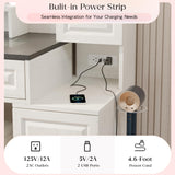 Buytime Farmhouse Makeup Vanity with Charging Station, Vanity Desk with Lights Mirror and Drawers, Glass Top Makeup Vanity with Jewelry Cabinet, Hairdryer Holder and Stool for Bedroom, Off White Buytime