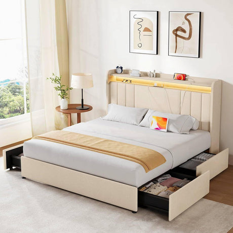 koorlian Queen Size Upholstered Bed Frame with 4 Storage Drawers and 51'' Tall Headboard Wingback Platform Bed Frames with RGB LED & USB Charging, 3 Adjustable Height, Noise-Free/Metal Support, Beige koorlian