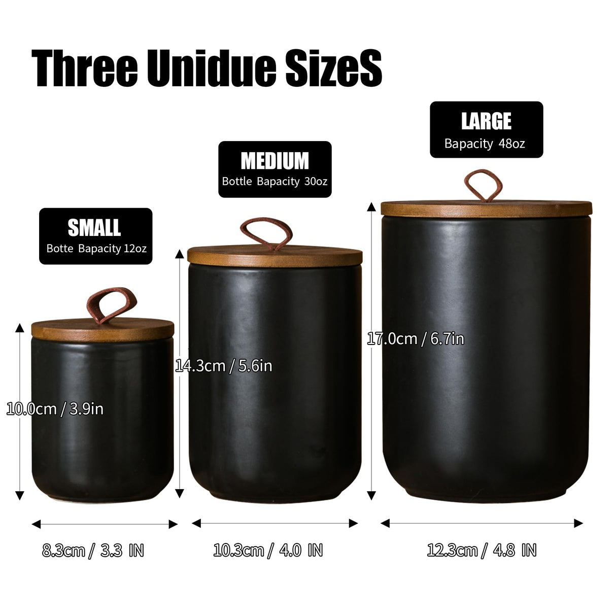 JOJUNO Black Ceramic Canister Set with Wooden Lid, 3-Piece Airtight Food Storage Jars for Kitchen Counter - Flour, Sugar, Coffee, Tea, Spice - Small, Medium, Large Sizes JOJUNO