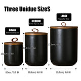 JOJUNO Black Ceramic Canister Set with Wooden Lid, 3-Piece Airtight Food Storage Jars for Kitchen Counter - Flour, Sugar, Coffee, Tea, Spice - Small, Medium, Large Sizes JOJUNO