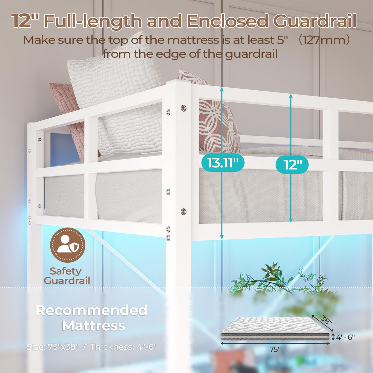 DICTAC Loft Bed Twin Size with Led Lights Heavy Duty Metal Junior Twin Loft Bed Frame with Full-Length Guardrail and Ladder, Noise-Free, Space-Saving, No Box Spring Needed, White DICTAC