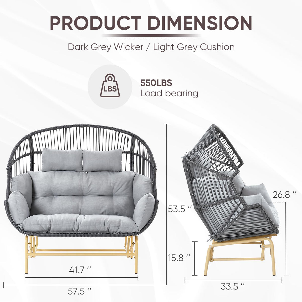 Belord Double Egg Chair Outdoor Glider Loveseat, 550LBS Weight Capacity Wicker Patio Rocking Egg Chairs, Handwoven Rattan Porch Furniture Glider Loveseat for Patio Deck Balcony Sunroom Belord
