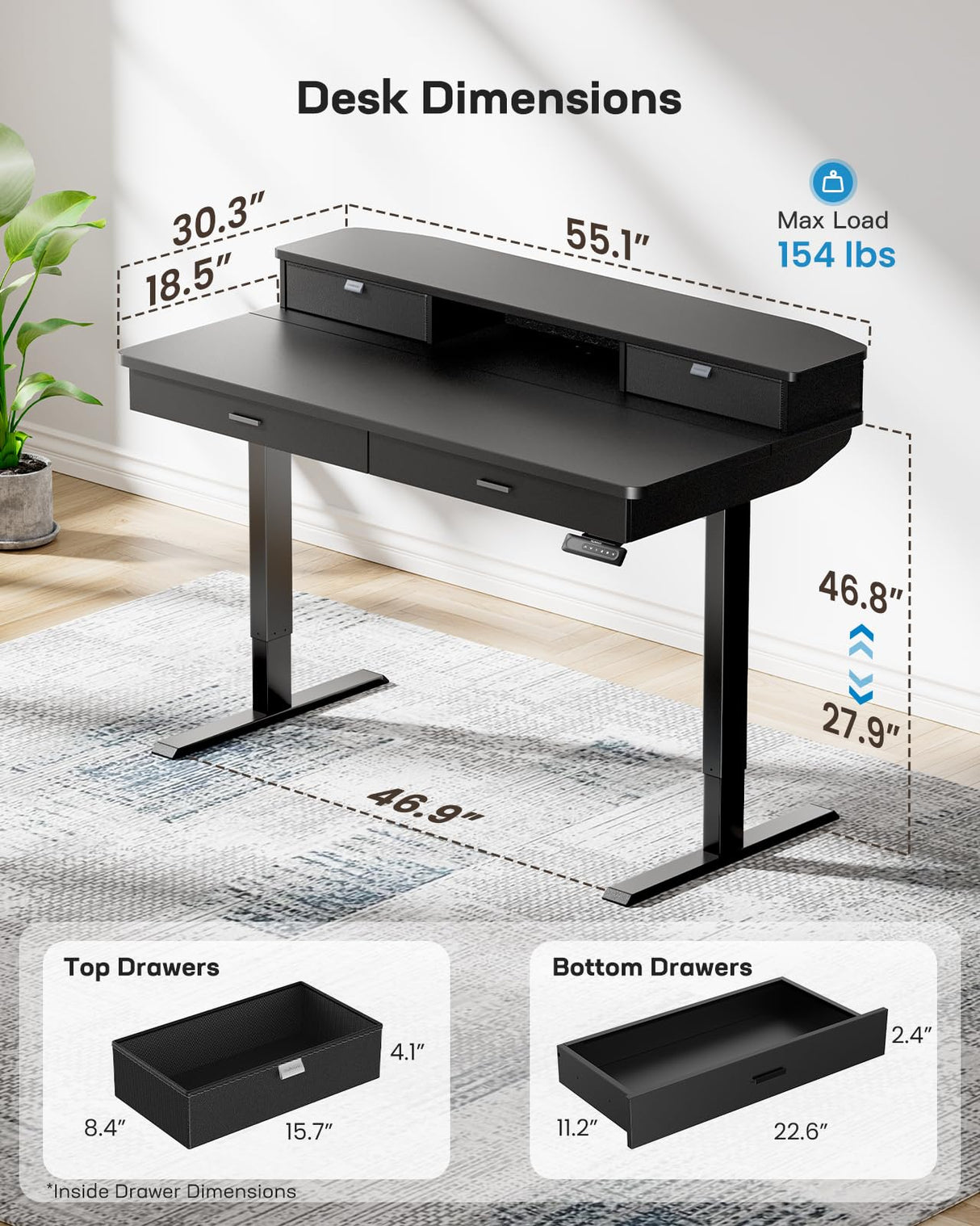 HUANUO 55 x 30 inch Electric Standing Desk with 4 Drawers, Adjustable Height Sit Stand Home Office Desk with Two Tiers, Ergonomic Adjustable Stand up Desk with Monitor Stand, Black HUANUO