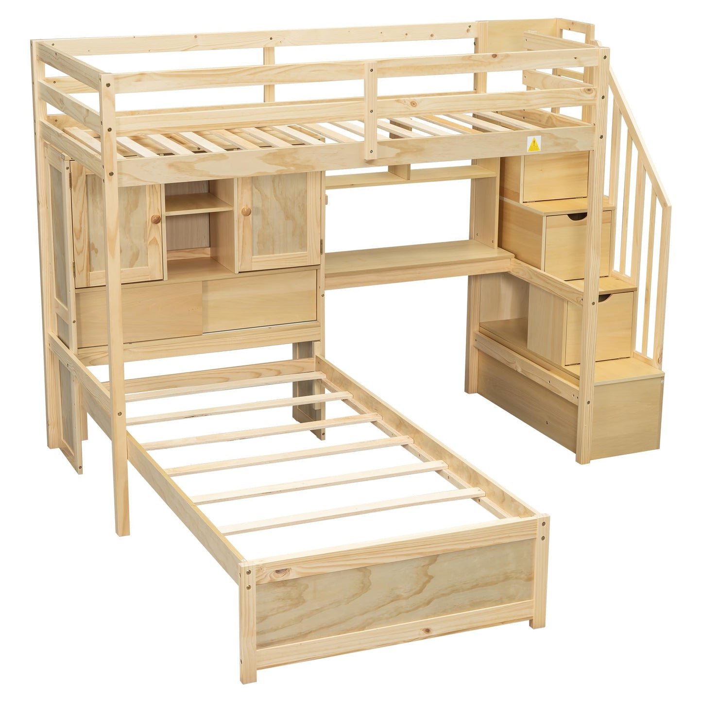 Harper & Bright Designs Twin Size Loft Bed with Built-in Desk and Staircase, Wood Twin Over Twin Bunk Bed with Storage Compartments and Shelves, L-Shaped Design, Natural