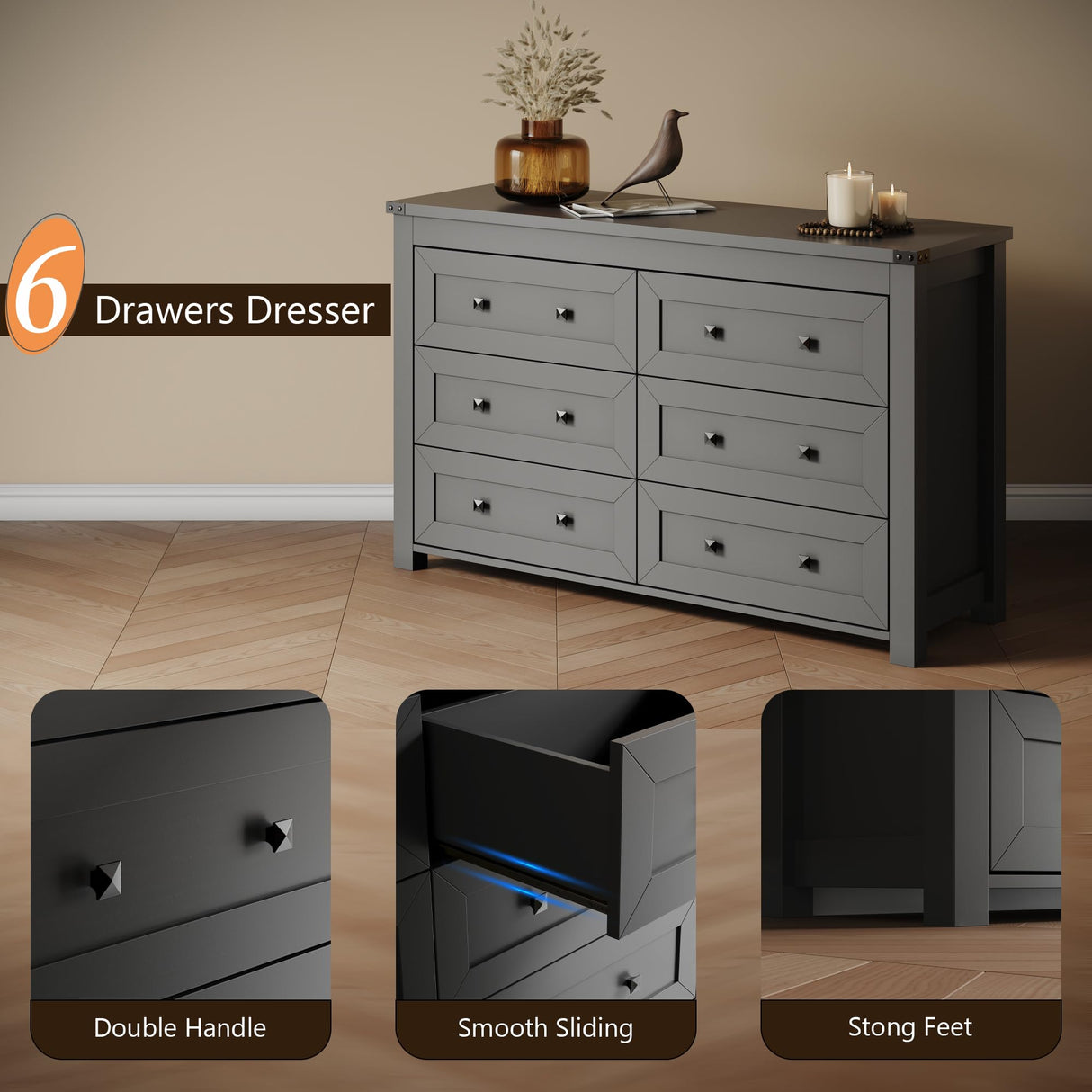 Dresser for Bedroom with 6 Drawers, Black Double Dresser Wood Farmhouse Chest of Drawers, Modern Closet Storage Furniture, Wide Wooden TV Stand Clothes Organizer Cabinet for Hallway, Living Room Xixini