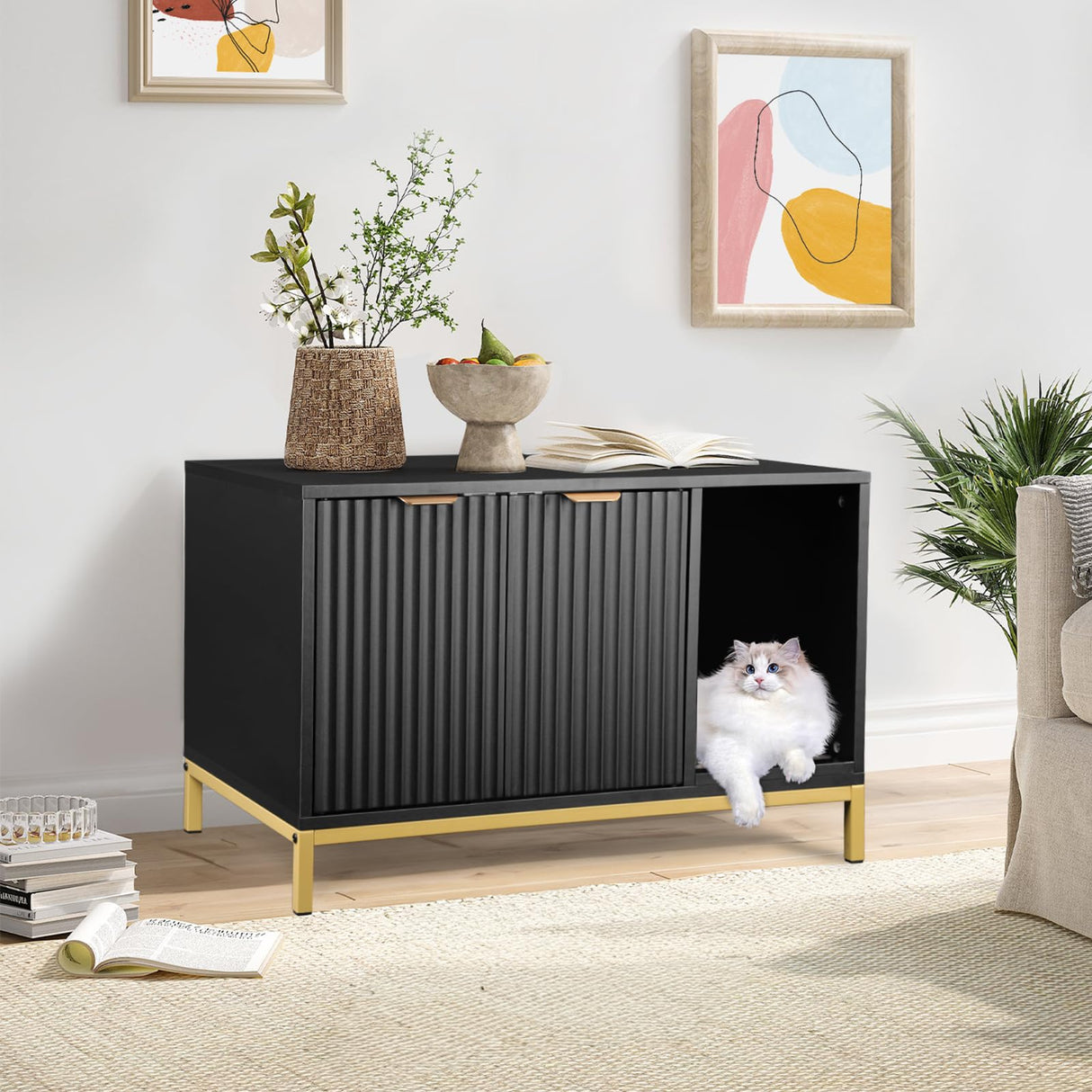 QuicMiou Cat Litter Box Enclosure, Hidden Litter Box Furniture with Metal Legs, Side End Table Indoor Cat House Storage Cabinet 31.5 x 19.7 x 20 Inches (Black + Gold) QuicMiou