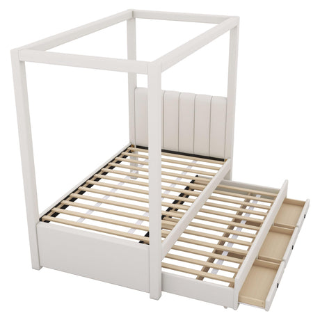 Twin Size Canopy Bed with Trundle and 3 Storage Drawers, Modern Upholstery Canopy Platform Bed with Backrest and Wood Slat Support, Beige Wood Canopy Bed for Kids Teens Adults (Twin) AYJOIR