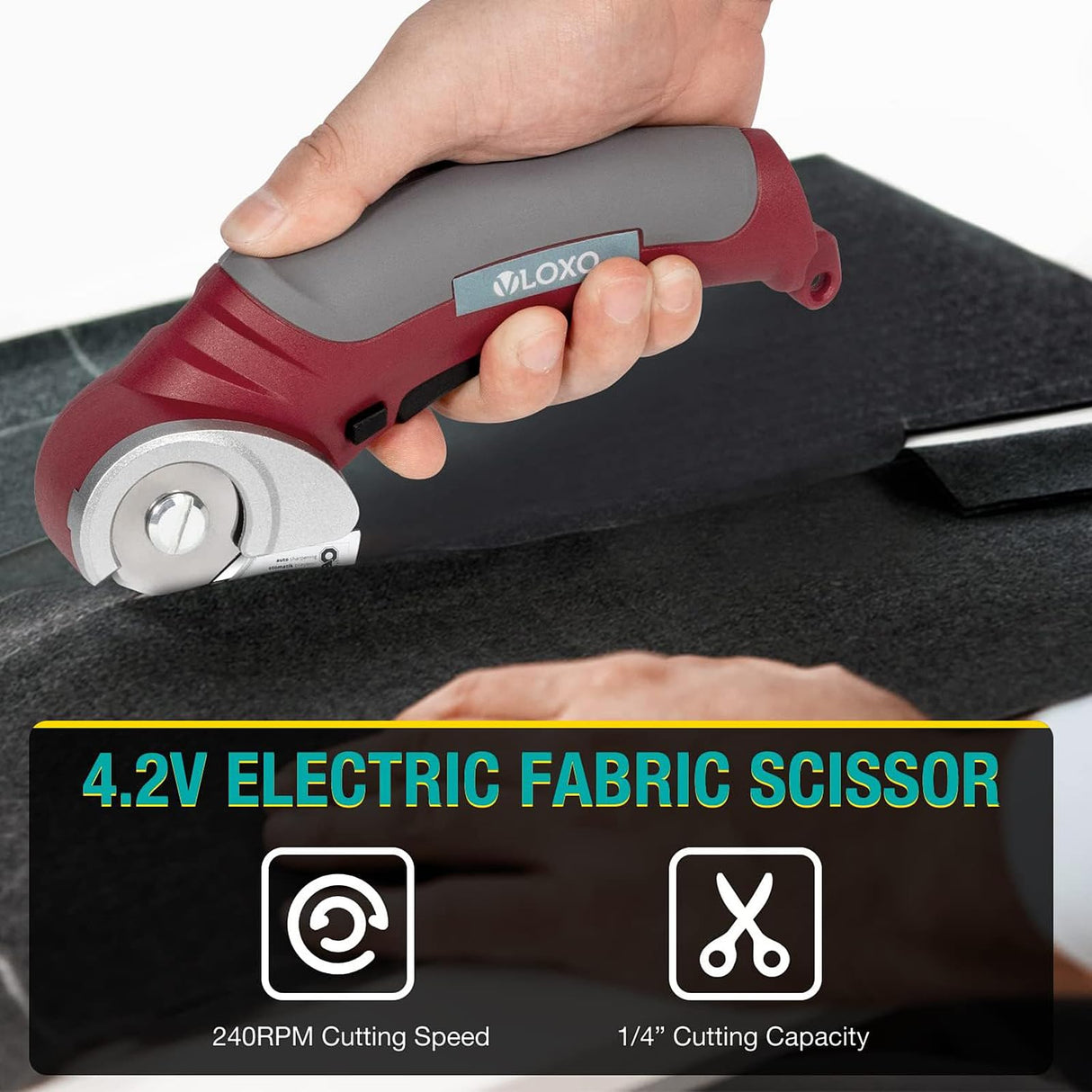VLOXO Cordless Electric Scissors, Rotary Cutter for Fabric with Safety Lock, 4.2V Cardboard Cutter Multi-Cutting Tools, Rechargeable Powerful Fabric Cutter for Carpet Leather Felt with Storage Box VLOXO