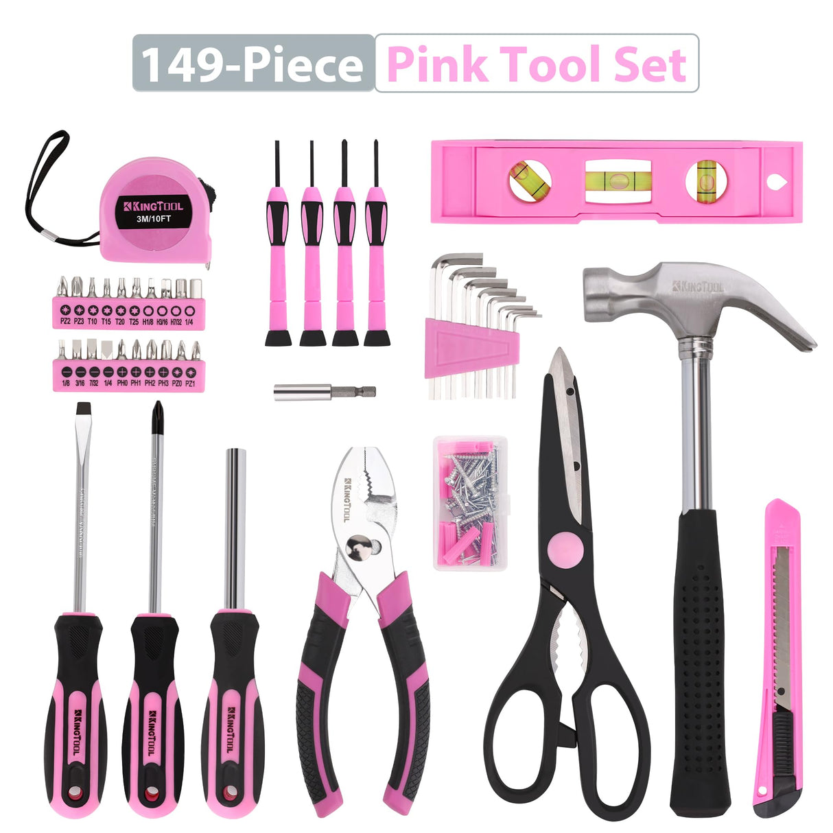 KingTool 149-Piece Pink Tool Kit - Basic Home Repair Tool Set, Small Tool Kit with Plastic Toolbox, Perfect for Women, Office & College Repairs KingTool