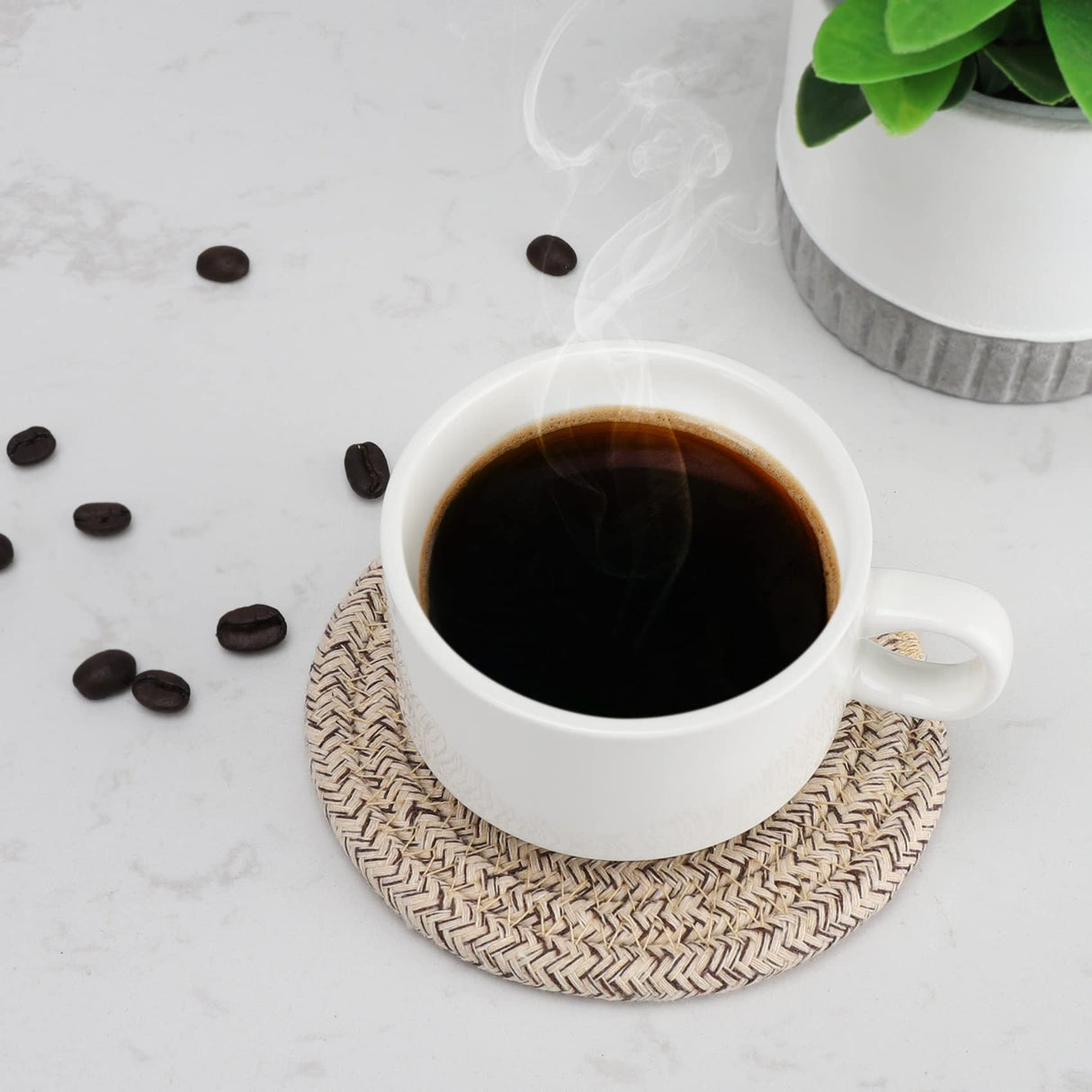 ABenkle 8 Pcs Drink Coasters with Holder, Cotton Woven Absorbent Coasters for Drinks, Minimalist Home Decor Coaster Set for Wooden Tabletop Protection Table, 4 inches Mixed Brown ABenkle